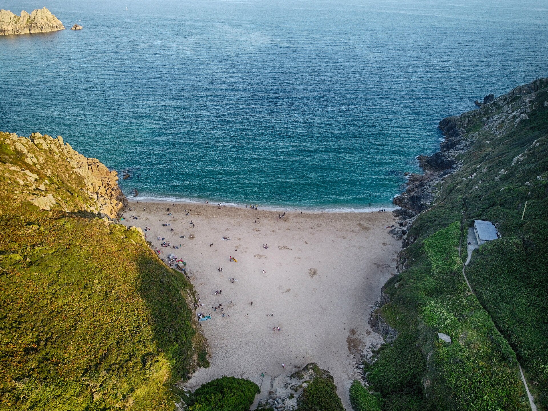 Aerial view of Porthcurno Beach, Cornwall
